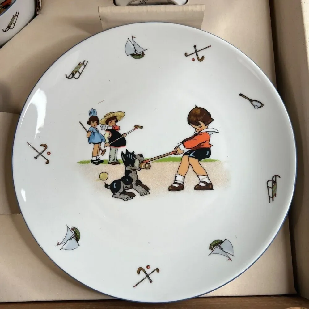 NIB Pier 1 Imports Children Playing Games Croquet Dog Complete Plate Bowl Cup Se